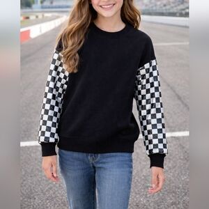 NWT Big Girls Black Checkered Sequins Sleeve Racing Sweatshirt Size M & Lg